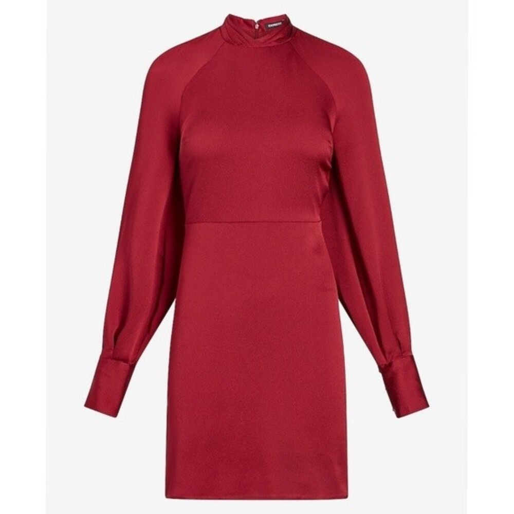 NWT EXPRESS Wine Red Satin Mock Neck Balloon Sleeve Party Dress XS